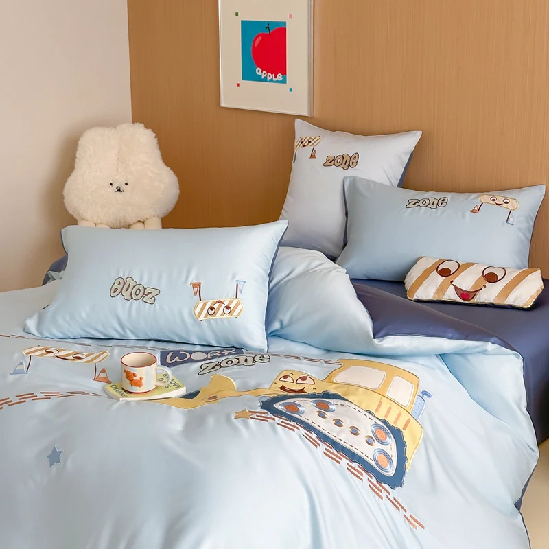 Children's bedding set with embroidered digger and construction site application made of fine cotton satin Stornfield