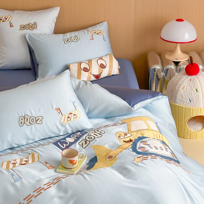 Children's bedding set with embroidered digger and construction site application made of fine cotton satin Stornfield