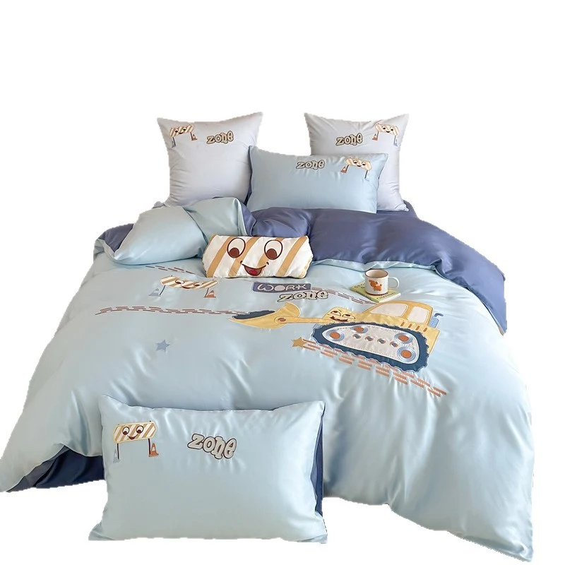 Children's bedding set with embroidered digger and construction site application made of fine cotton satin Stornfield