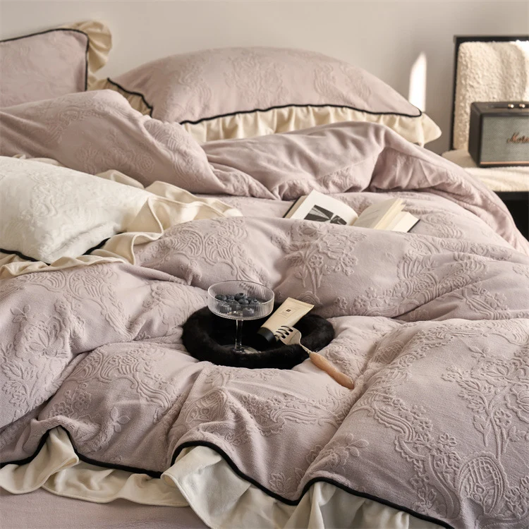 Jacquard bedding set with ruffle, fine floral embossing and contrasting piping Stornfield