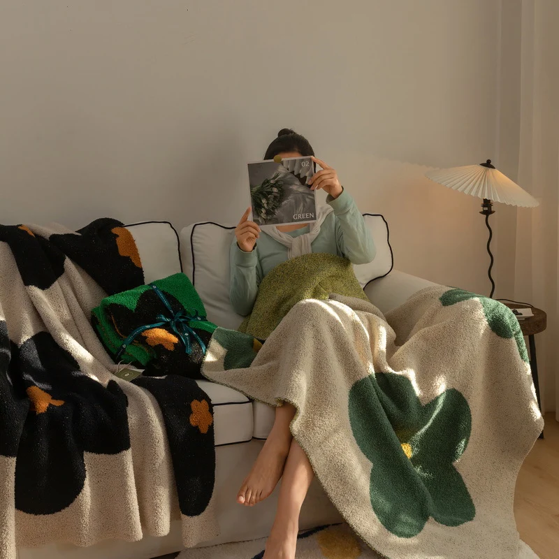 Chunky Knit Boucle Throw Blanket with Large Floral Motif and Teddy Texture Stornfield