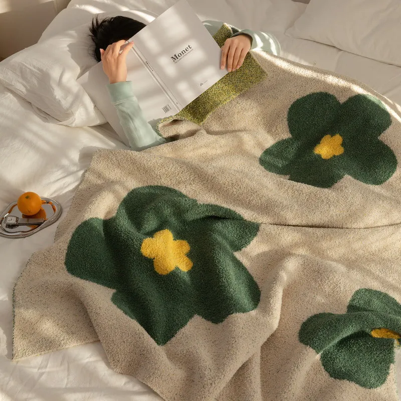 Chunky Knit Boucle Throw Blanket with Large Floral Motif and Teddy Texture Stornfield