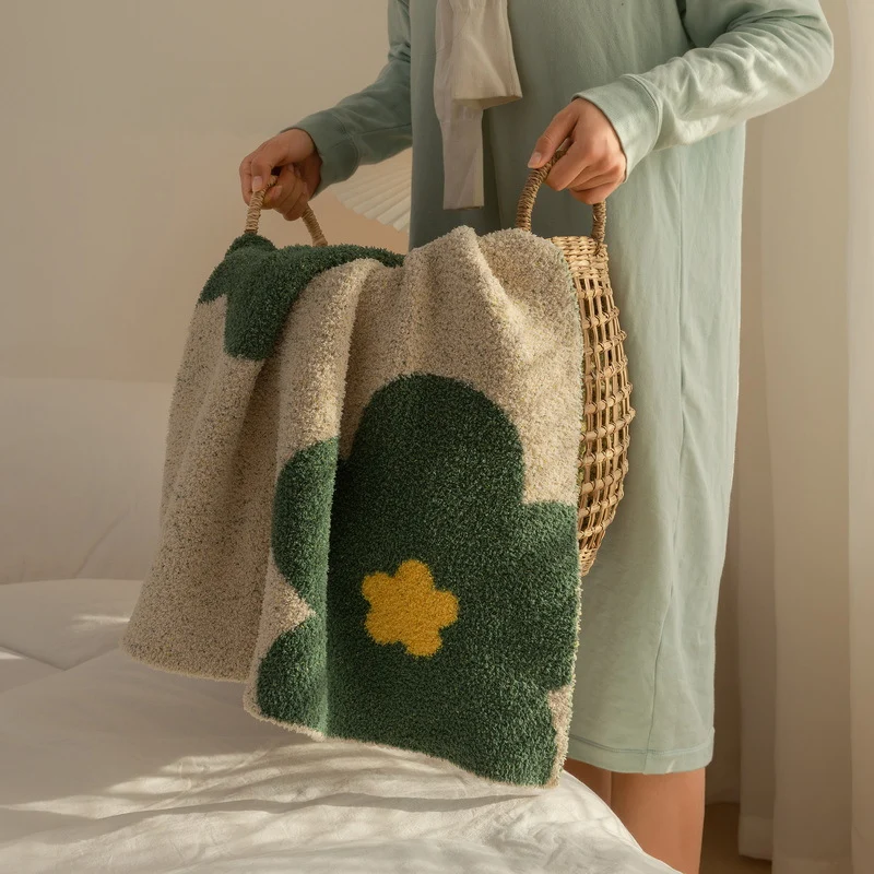 Chunky Knit Boucle Throw Blanket with Large Floral Motif and Teddy Texture Stornfield