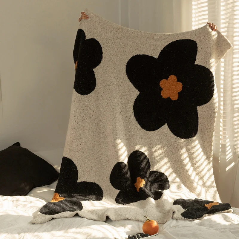 Chunky Knit Boucle Throw Blanket with Large Floral Motif and Teddy Texture Stornfield