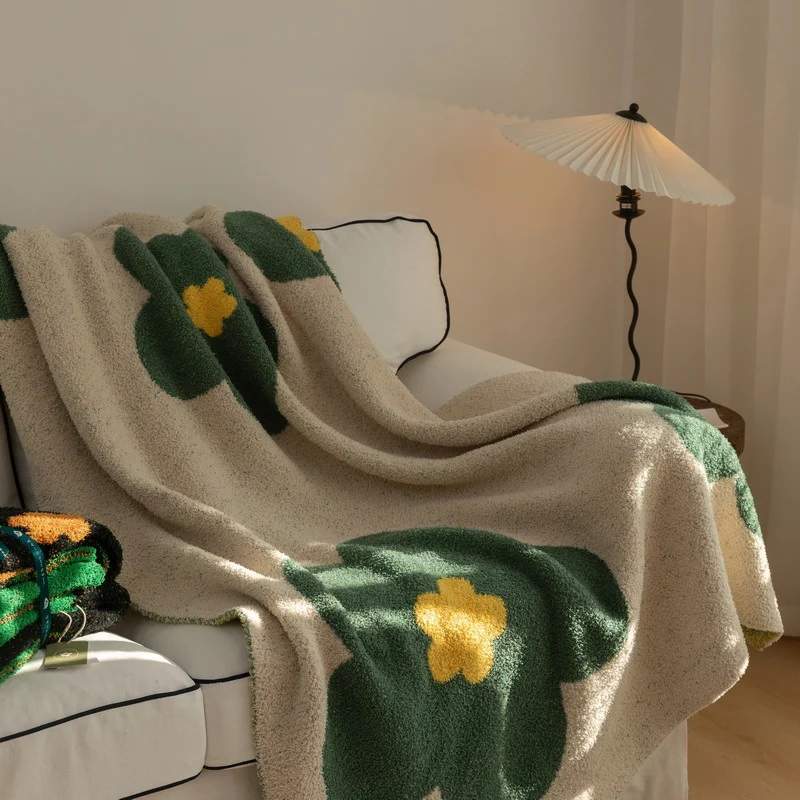 Chunky Knit Boucle Throw Blanket with Large Floral Motif and Teddy Texture Stornfield