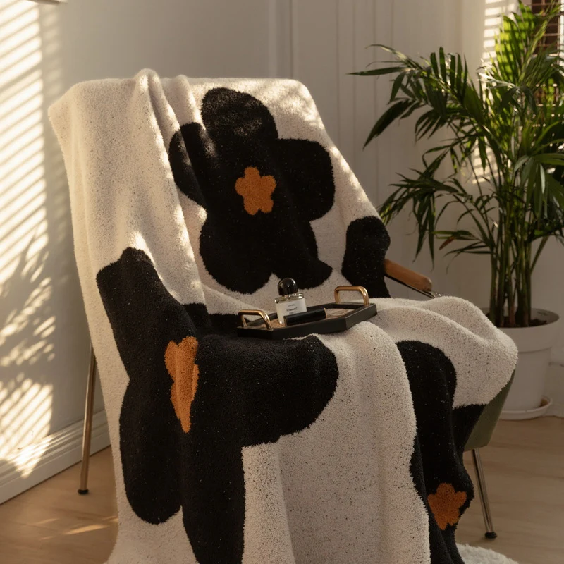 Chunky Knit Boucle Throw Blanket with Large Floral Motif and Teddy Texture Stornfield