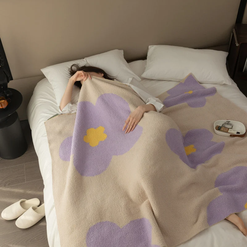 Chunky Knit Boucle Throw Blanket with Large Floral Motif and Teddy Texture Stornfield