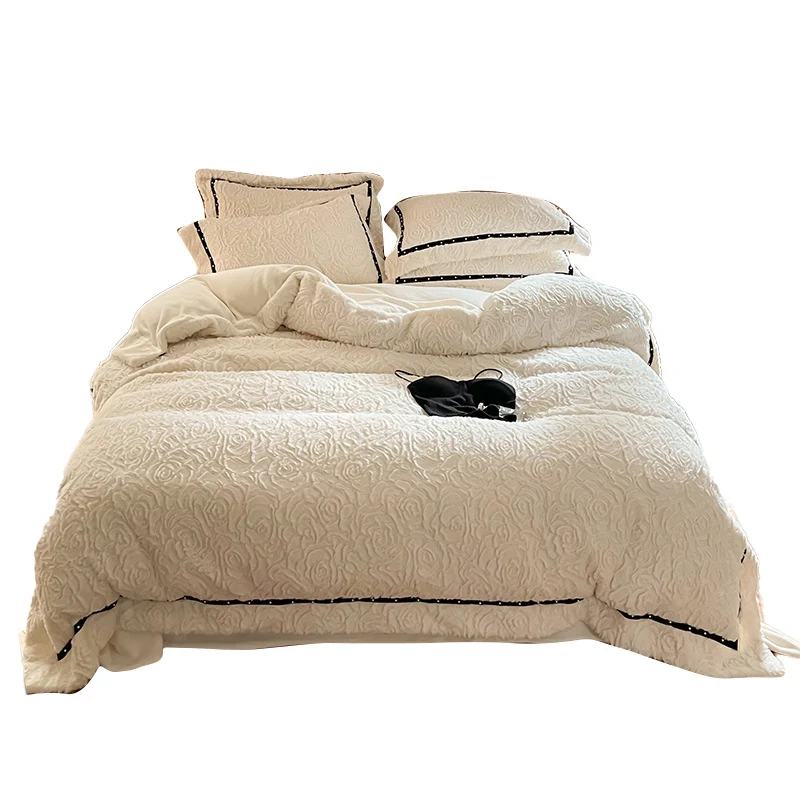 Quilted rose relief bed cover with decorative trim and pillowcases Stornfield
