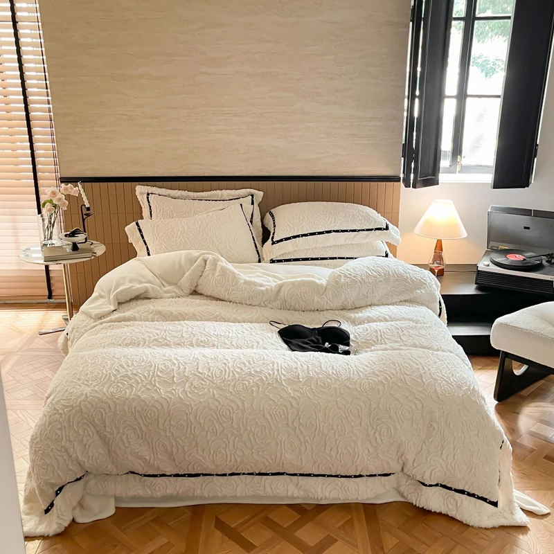 Quilted rose relief bed cover with decorative trim and pillowcases Stornfield