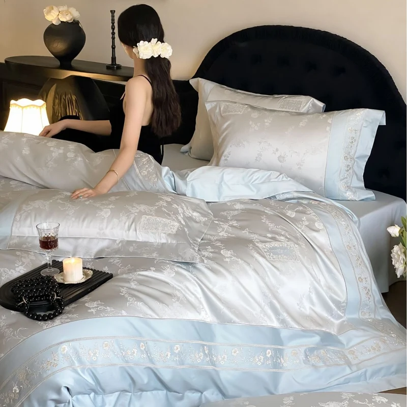 Finest satin bed linen set with delicate jacquard floral trim and pleated finish Stornfield