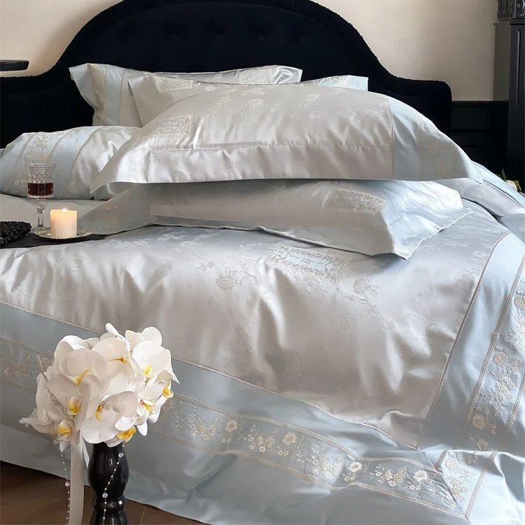 Finest satin bed linen set with delicate jacquard floral trim and pleated finish Stornfield