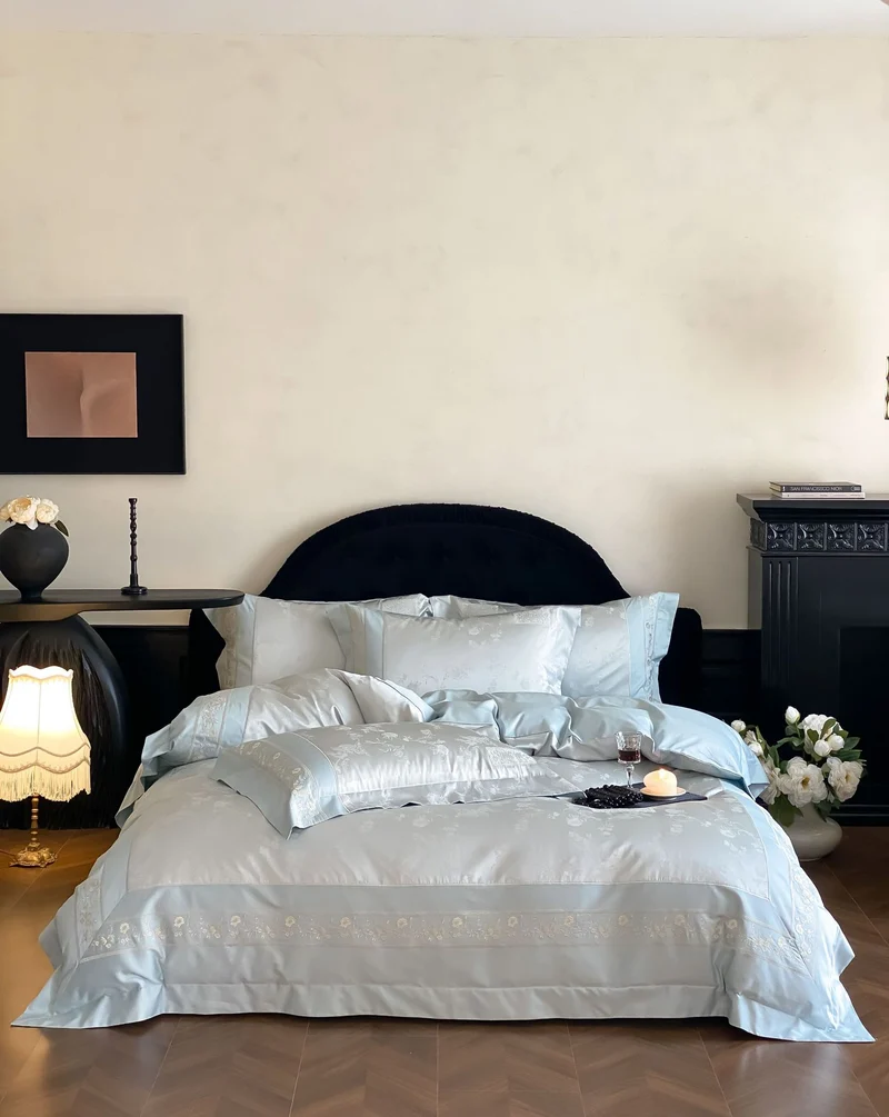Finest satin bed linen set with delicate jacquard floral trim and pleated finish Stornfield