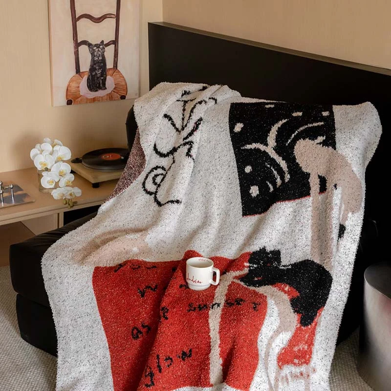 Extra soft chenille throw blanket with cat illustration and star relief Stornfield