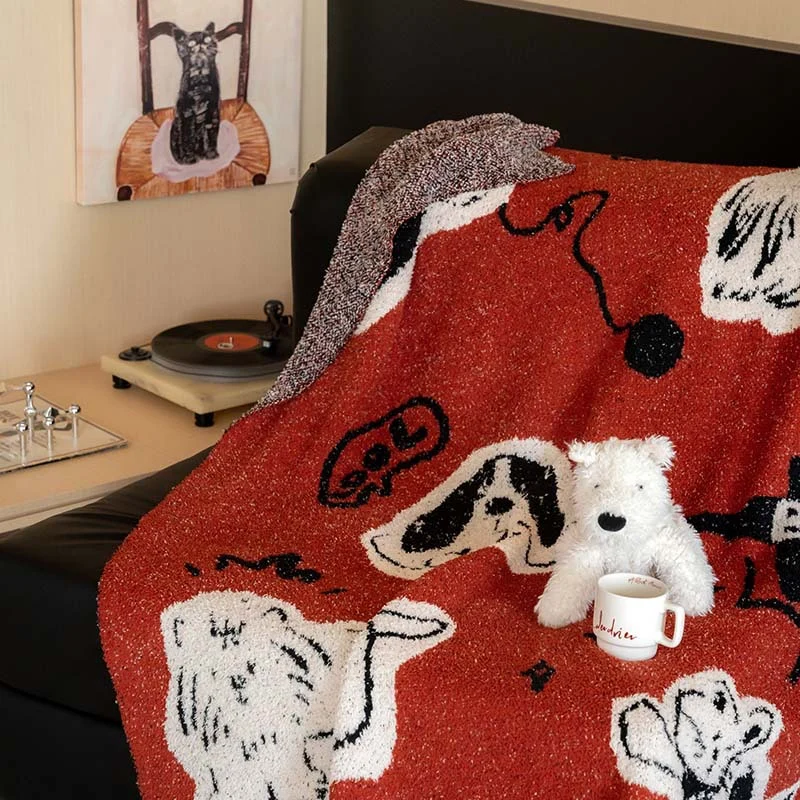 Extra soft chenille throw blanket with cat illustration and star relief Stornfield