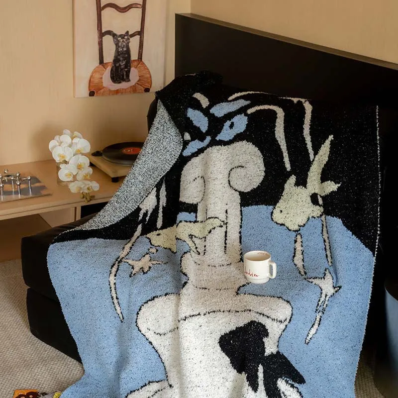 Extra soft chenille throw blanket with cat illustration and star relief Stornfield