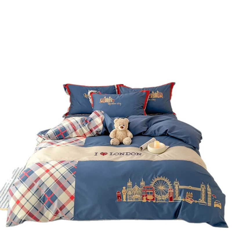 Bedding set in London motif made of cotton satin with check patchwork and embroidered skyline icons Stornfield