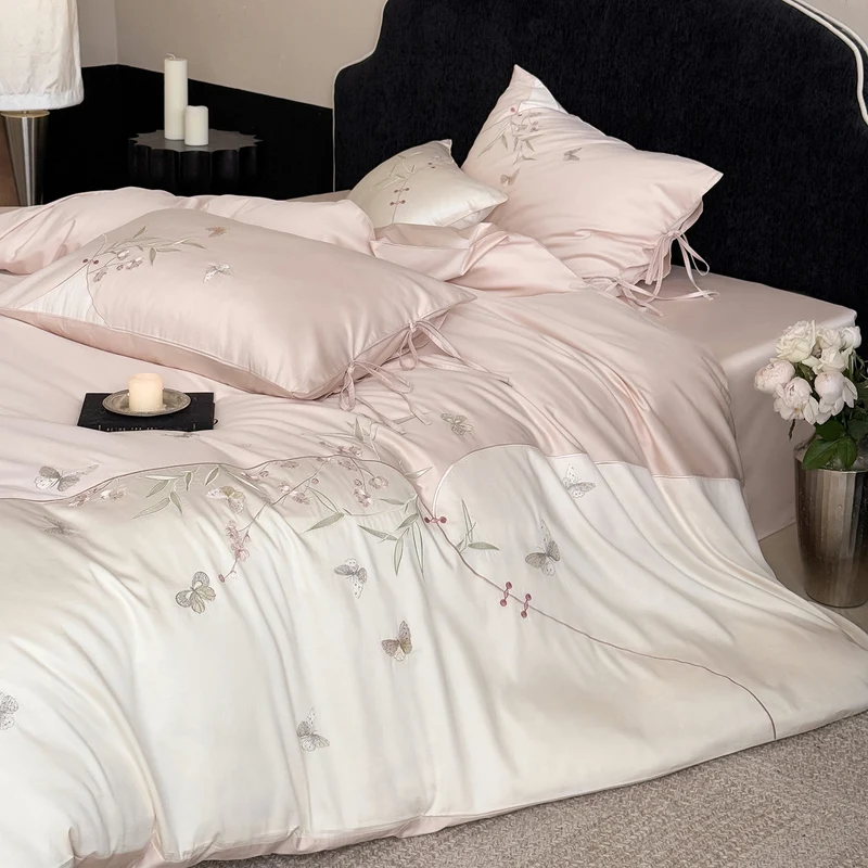 Luxurious satin bedding set with floral embroidery Stornfield