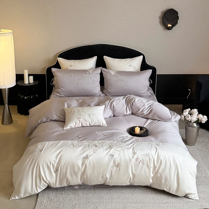Luxurious satin bedding set with floral embroidery Stornfield