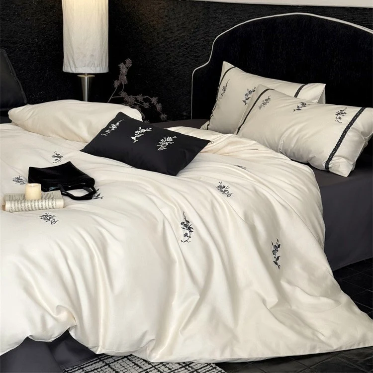 Luxurious satin bed linen set with fine floral embroidery Stornfield