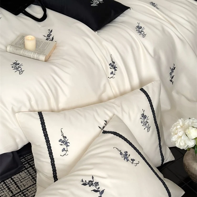 Luxurious satin bed linen set with fine floral embroidery Stornfield