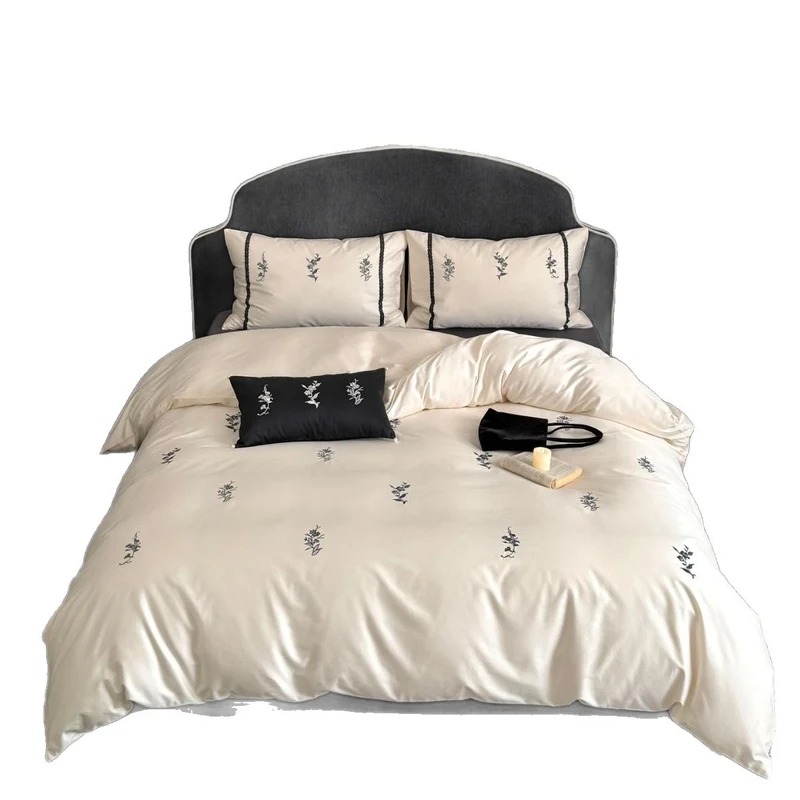 Luxurious satin bed linen set with fine floral embroidery Stornfield