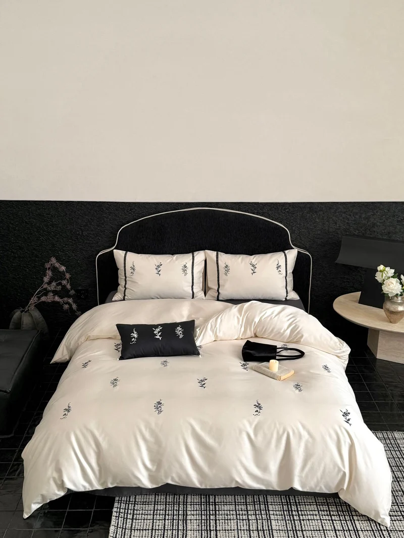 Luxurious satin bed linen set with fine floral embroidery Stornfield