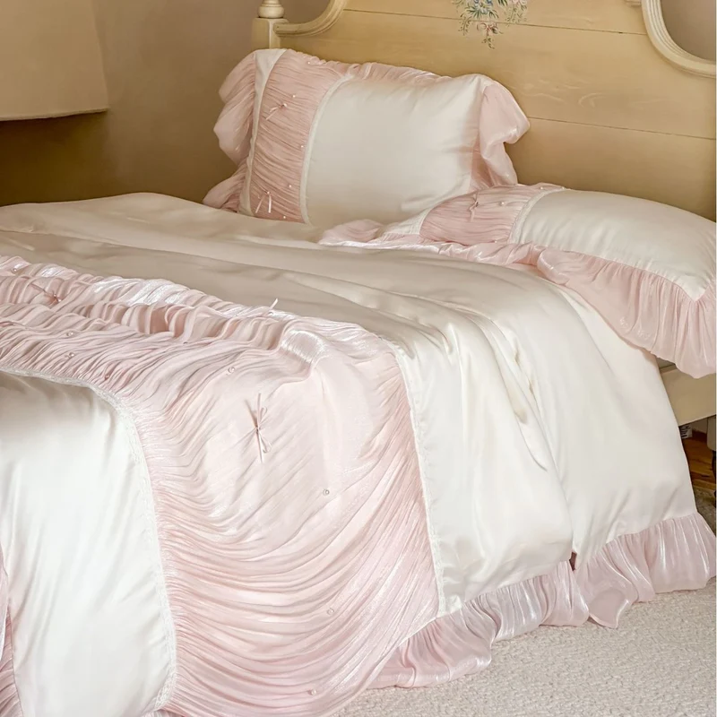 Luxurious Ruffled Bedding Set with Pleating and Pearl Detail Stornfield
