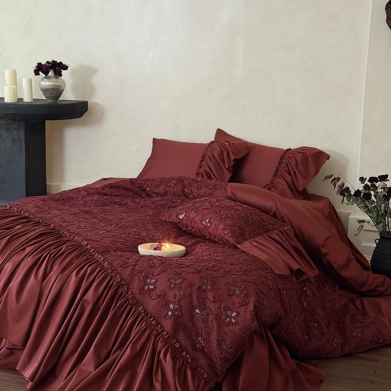Luxurious ruffles and flounce bedding set made of cotton satin with embroidered overlay Stornfield