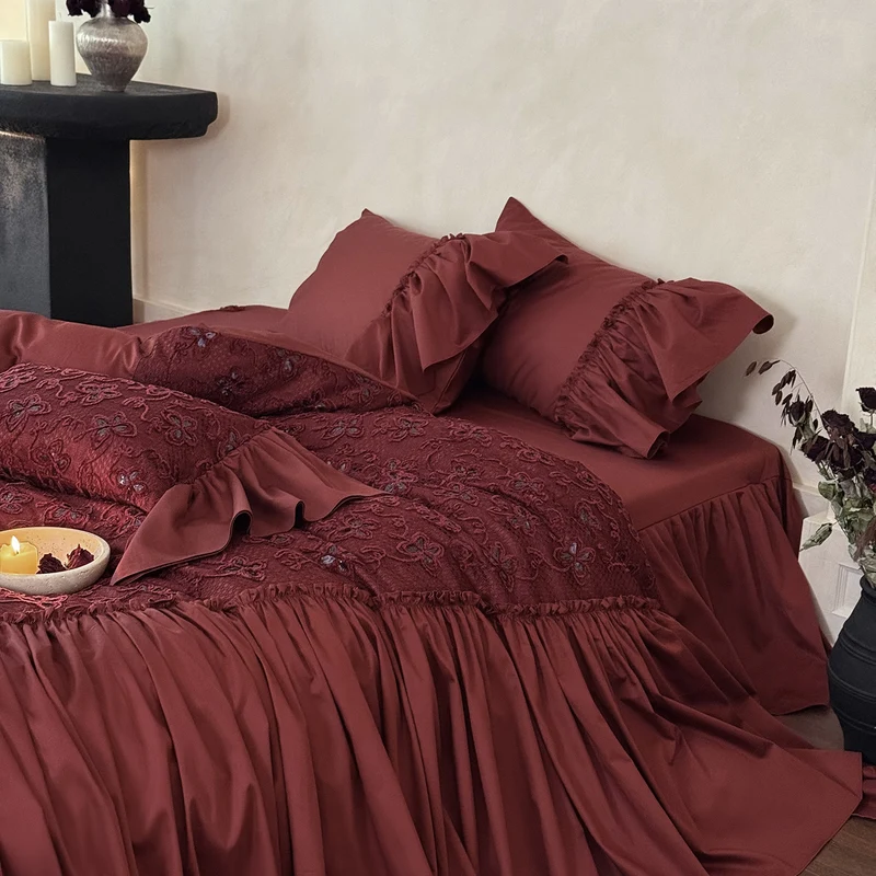 Luxurious ruffles and flounce bedding set made of cotton satin with embroidered overlay Stornfield