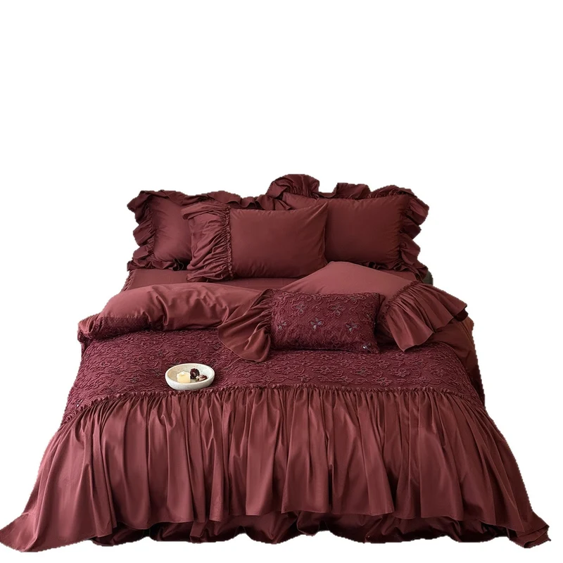 Luxurious ruffles and flounce bedding set made of cotton satin with embroidered overlay Stornfield