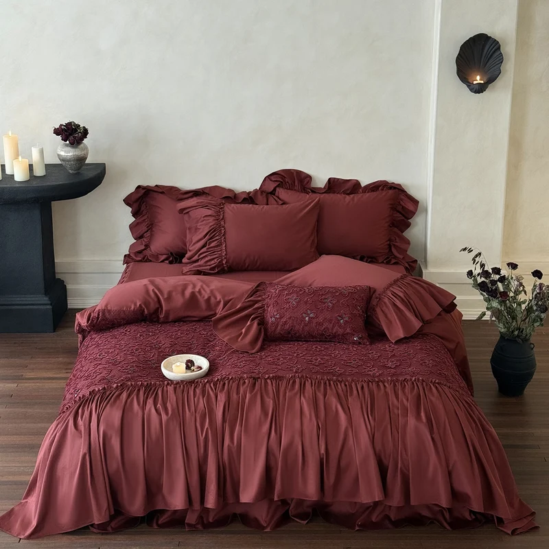 Luxurious ruffles and flounce bedding set made of cotton satin with embroidered overlay Stornfield
