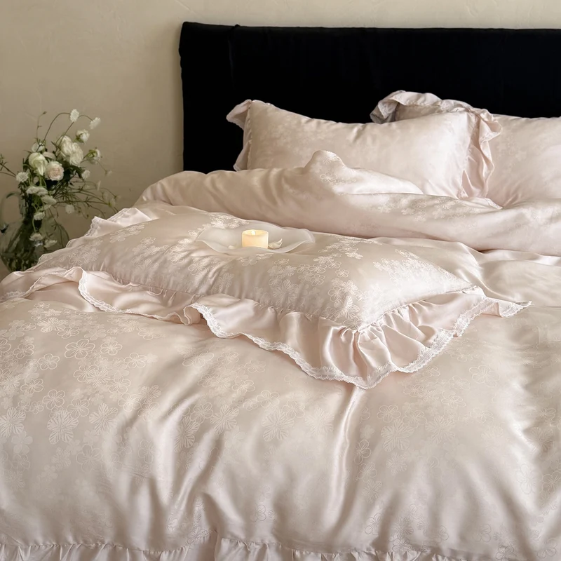 Luxurious bed linen set made of Mako satin with ruffled border and fine floral jacquard Stornfield