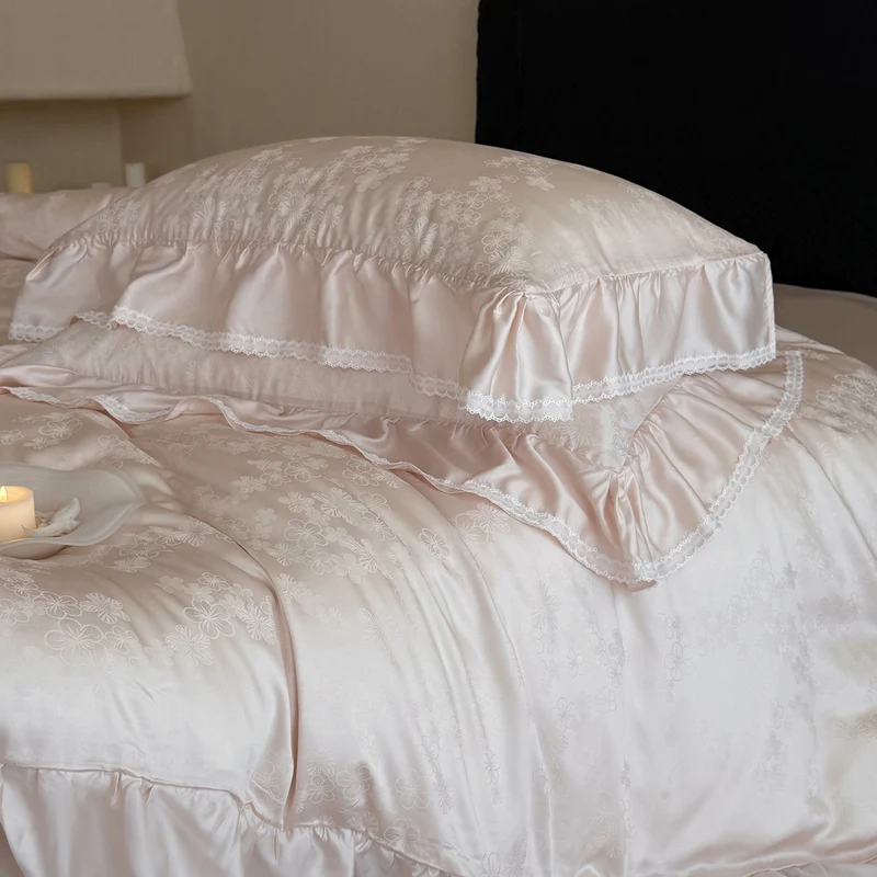 Luxurious bed linen set made of Mako satin with ruffled border and fine floral jacquard Stornfield