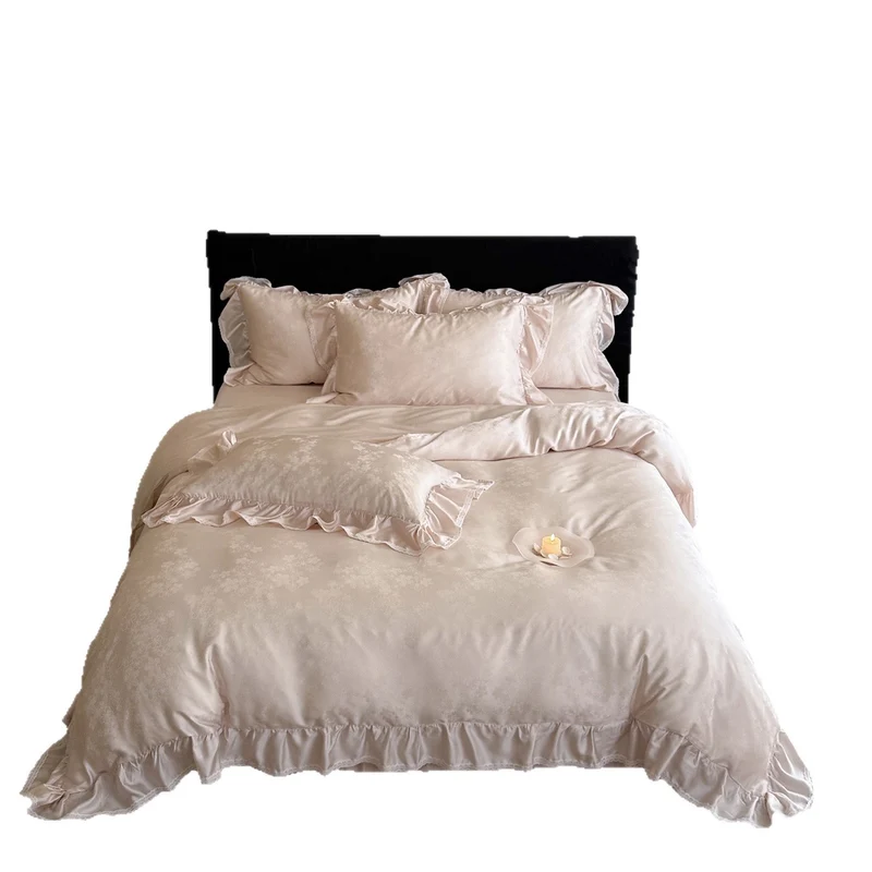 Luxurious bed linen set made of Mako satin with ruffled border and fine floral jacquard Stornfield