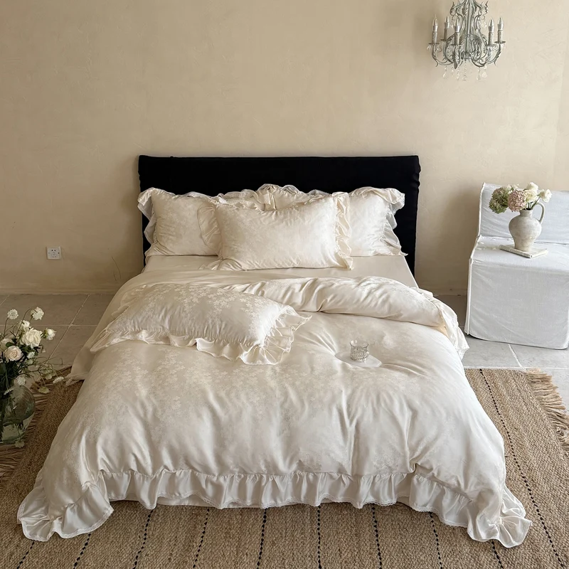 Luxurious bed linen set made of Mako satin with ruffled border and fine floral jacquard Stornfield