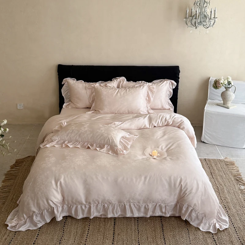 Luxurious bed linen set made of Mako satin with ruffled border and fine floral jacquard Stornfield