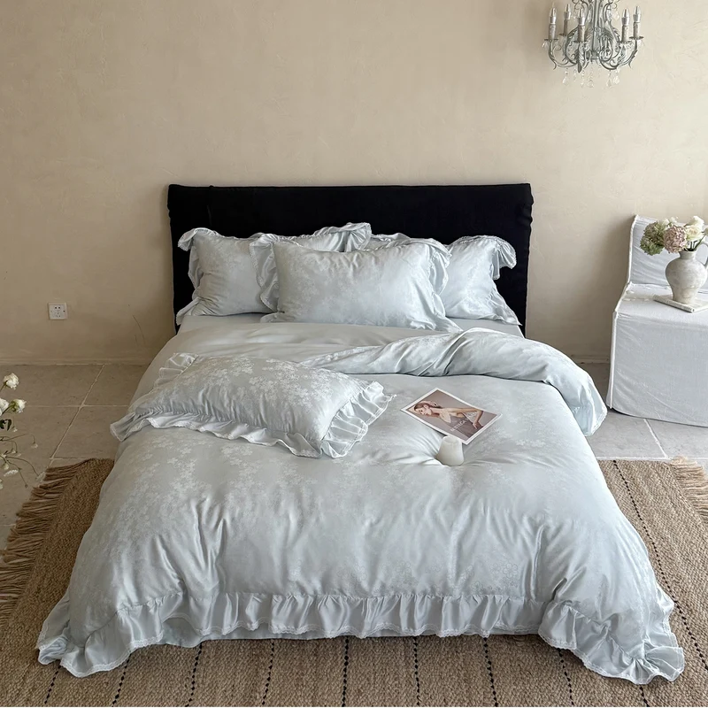 Luxurious bed linen set made of Mako satin with ruffled border and fine floral jacquard Stornfield