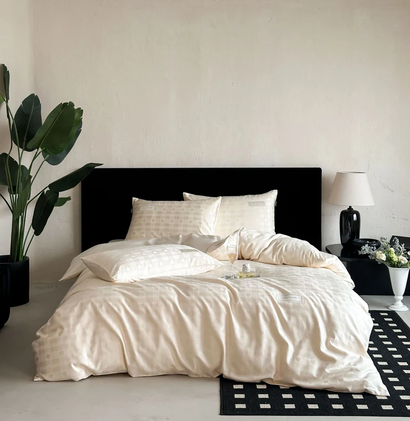 Luxurious cotton satin bed linen set with subtle check pattern and silk matte finish Stornfield