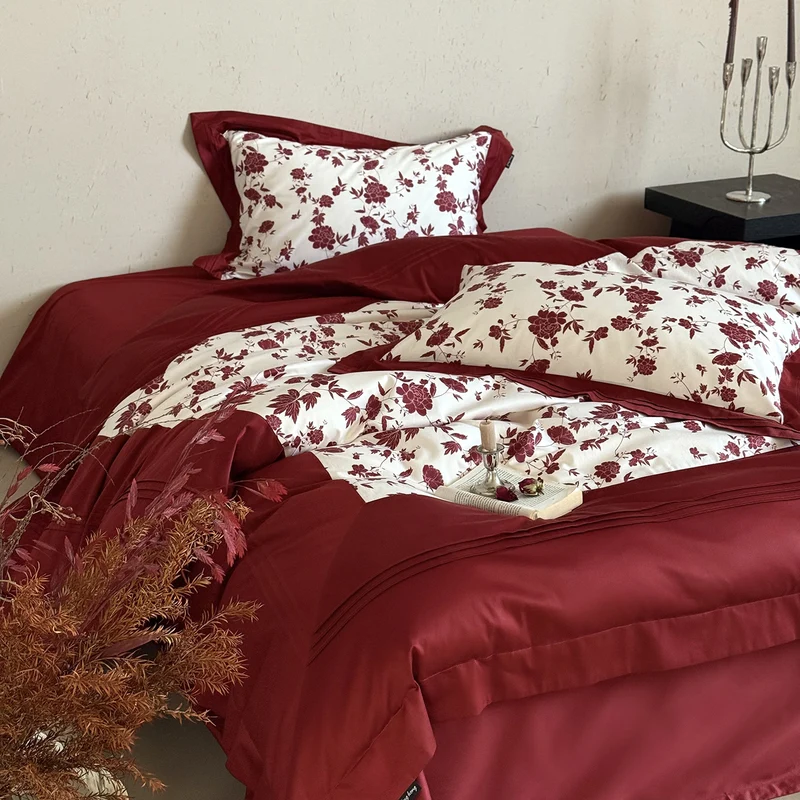 Luxurious cotton satin bedding set with floral reversible panel and ruffle Stornfield