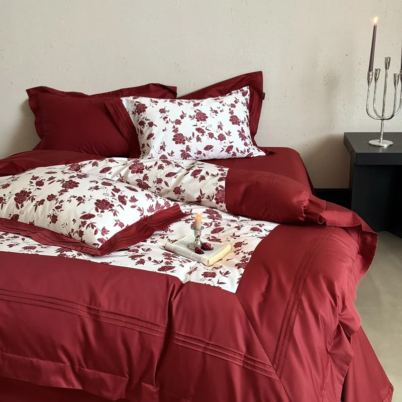 Luxurious cotton satin bedding set with floral reversible panel and ruffle Stornfield