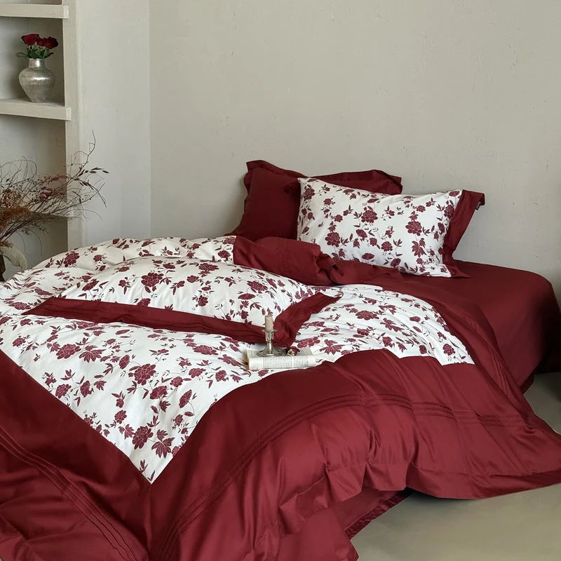 Luxurious cotton satin bedding set with floral reversible panel and ruffle Stornfield