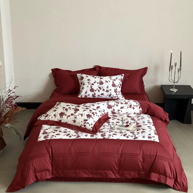 Luxurious cotton satin bedding set with floral reversible panel and ruffle Stornfield