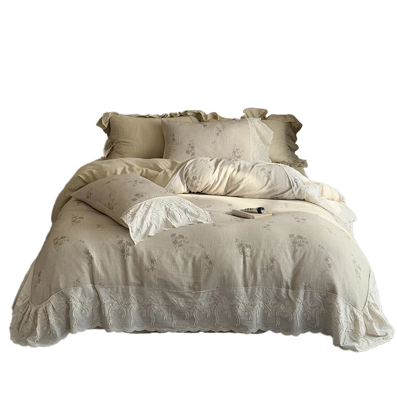 Light cotton-linen duvet cover set with lace ruffle and fine flower embroidery Stornfield