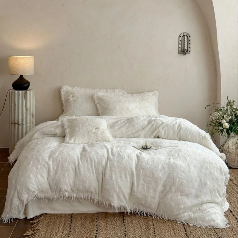 Cozy plush bedding set with fringes and textured relief Stornfield