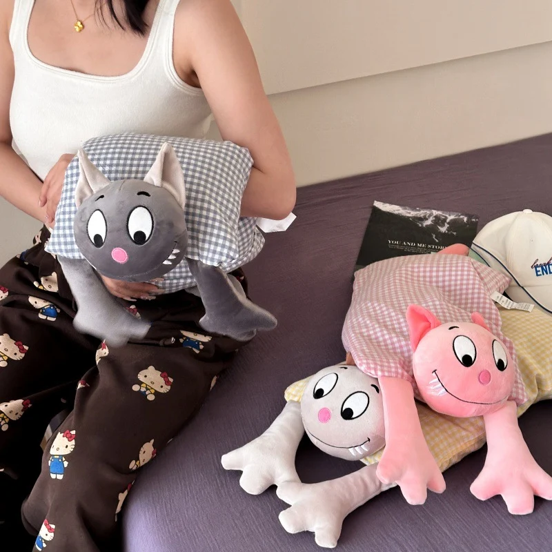 Cuddle long body pillow with cat motif and cotton gingham cover Stornfield