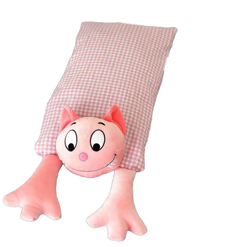 Cuddle long body pillow with cat motif and cotton gingham cover Stornfield