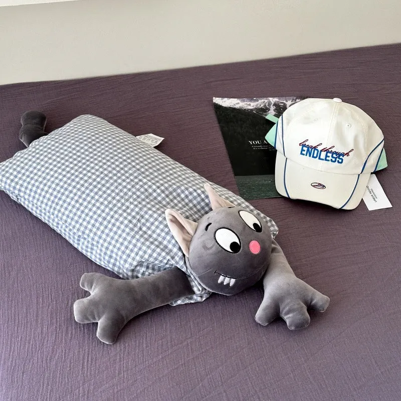 Cuddle long body pillow with cat motif and cotton gingham cover Stornfield