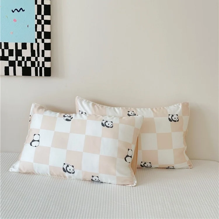 Children's pillowcase set made of cotton satin with panda print and checked design Stornfield