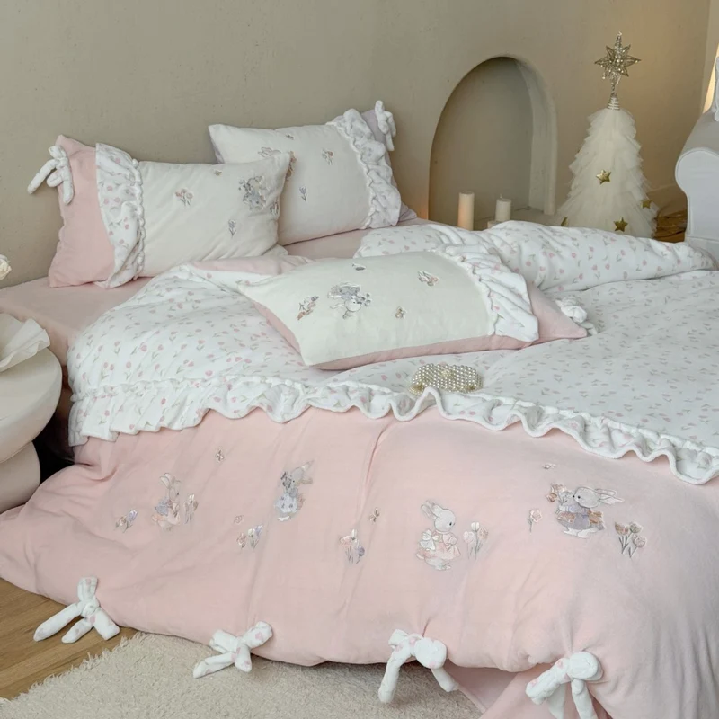 Children's bedding set with ruffles, bows and embroidered rabbit appliqués Stornfield
