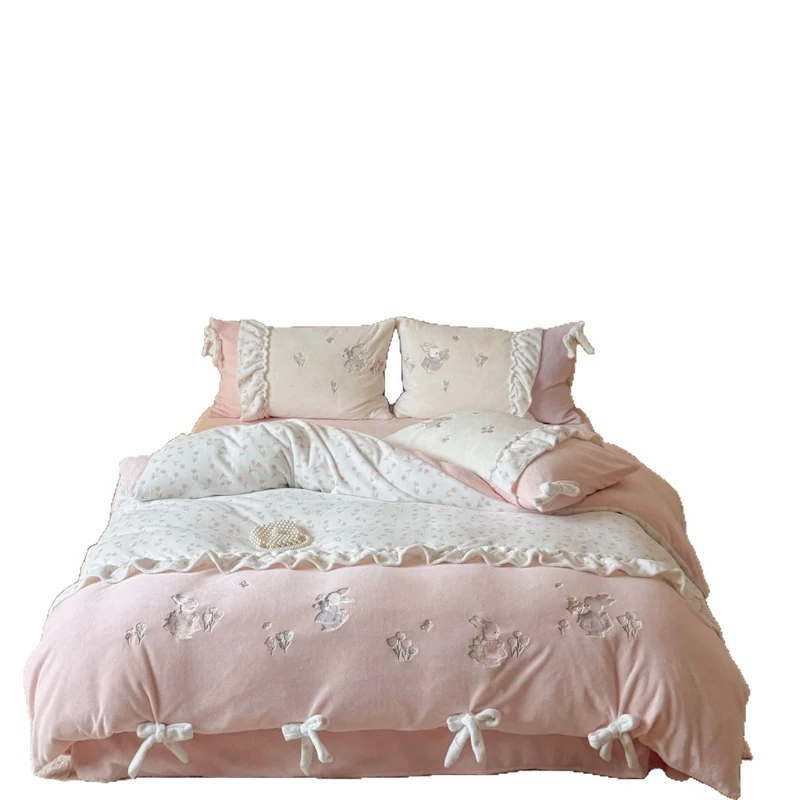 Children's bedding set with ruffles, bows and embroidered rabbit appliqués Stornfield
